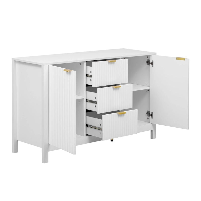 Meuble d'entrée moderne à design ondulé avec 3 étagères réglables, Console de rangement à 2 portes avec 3 tiroirs