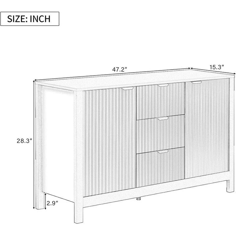 Meuble d'entrée moderne à design ondulé avec 3 étagères réglables, Console de rangement à 2 portes avec 3 tiroirs