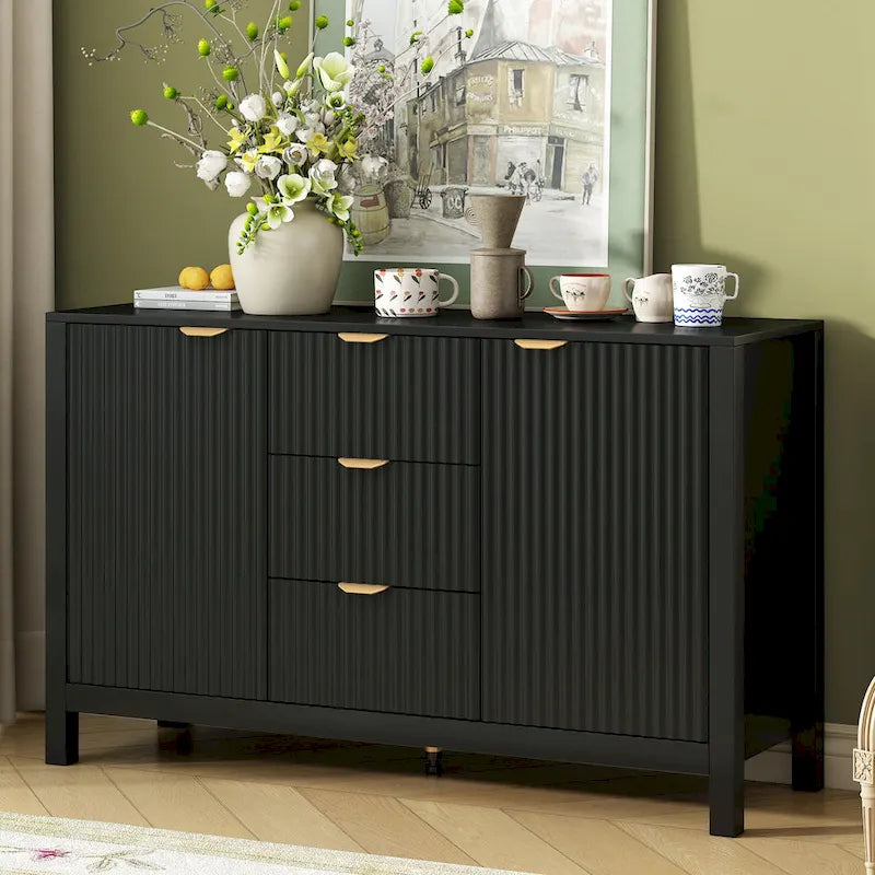 Meuble d'entrée moderne à design ondulé avec 3 étagères réglables, Console de rangement à 2 portes avec 3 tiroirs