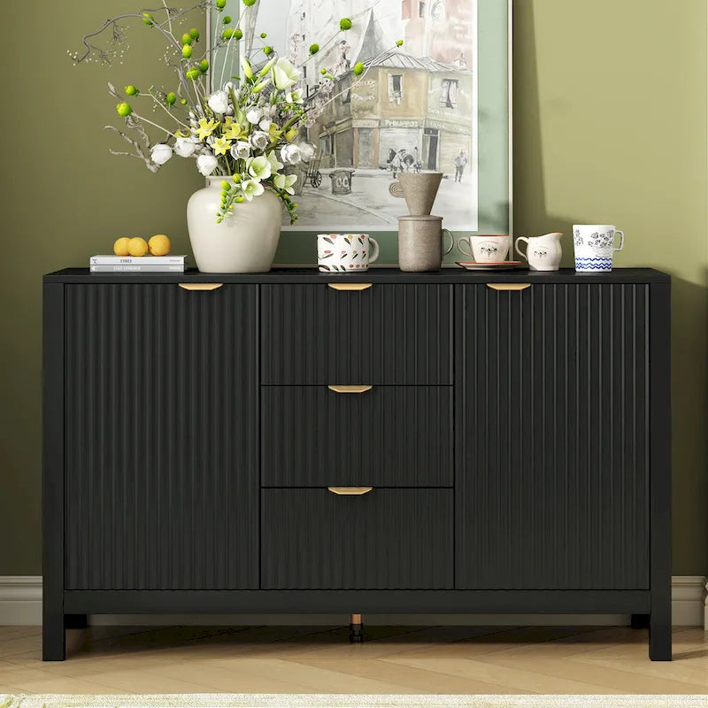 Meuble d'entrée moderne à design ondulé avec 3 étagères réglables, Console de rangement à 2 portes avec 3 tiroirs