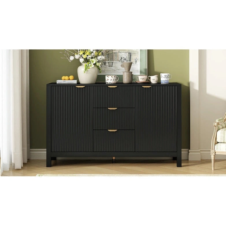 Meuble d'entrée moderne à design ondulé avec 3 étagères réglables, Console de rangement à 2 portes avec 3 tiroirs