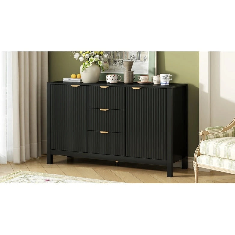 Meuble d'entrée moderne à design ondulé avec 3 étagères réglables, Console de rangement à 2 portes avec 3 tiroirs
