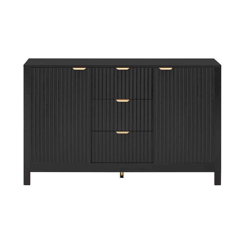 Meuble d'entrée moderne à design ondulé avec 3 étagères réglables, Console de rangement à 2 portes avec 3 tiroirs