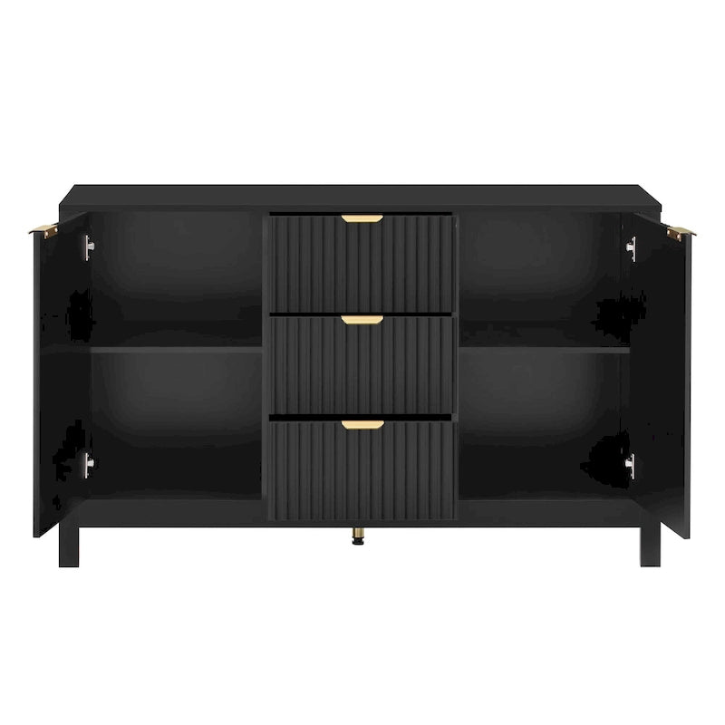 Meuble d'entrée moderne à design ondulé avec 3 étagères réglables, Console de rangement à 2 portes avec 3 tiroirs