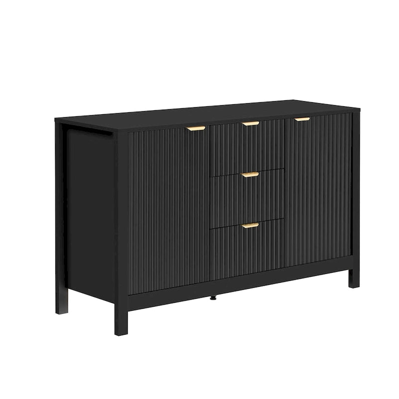 Meuble d'entrée moderne à design ondulé avec 3 étagères réglables, Console de rangement à 2 portes avec 3 tiroirs