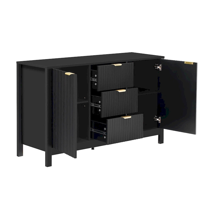 Meuble d'entrée moderne à design ondulé avec 3 étagères réglables, Console de rangement à 2 portes avec 3 tiroirs