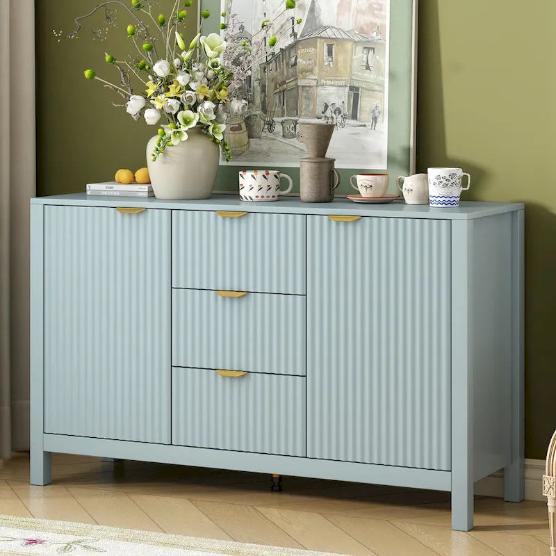 Meuble d'entrée moderne à design ondulé avec 3 étagères réglables, Console de rangement à 2 portes avec 3 tiroirs