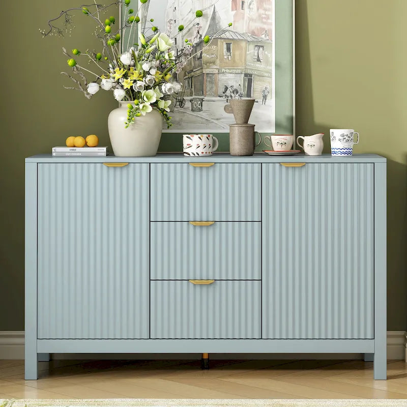 Meuble d'entrée moderne à design ondulé avec 3 étagères réglables, Console de rangement à 2 portes avec 3 tiroirs