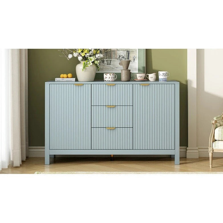 Meuble d'entrée moderne à design ondulé avec 3 étagères réglables, Console de rangement à 2 portes avec 3 tiroirs
