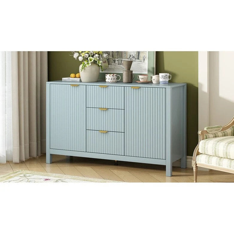 Meuble d'entrée moderne à design ondulé avec 3 étagères réglables, Console de rangement à 2 portes avec 3 tiroirs