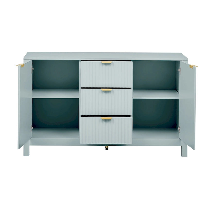 Meuble d'entrée moderne à design ondulé avec 3 étagères réglables, Console de rangement à 2 portes avec 3 tiroirs