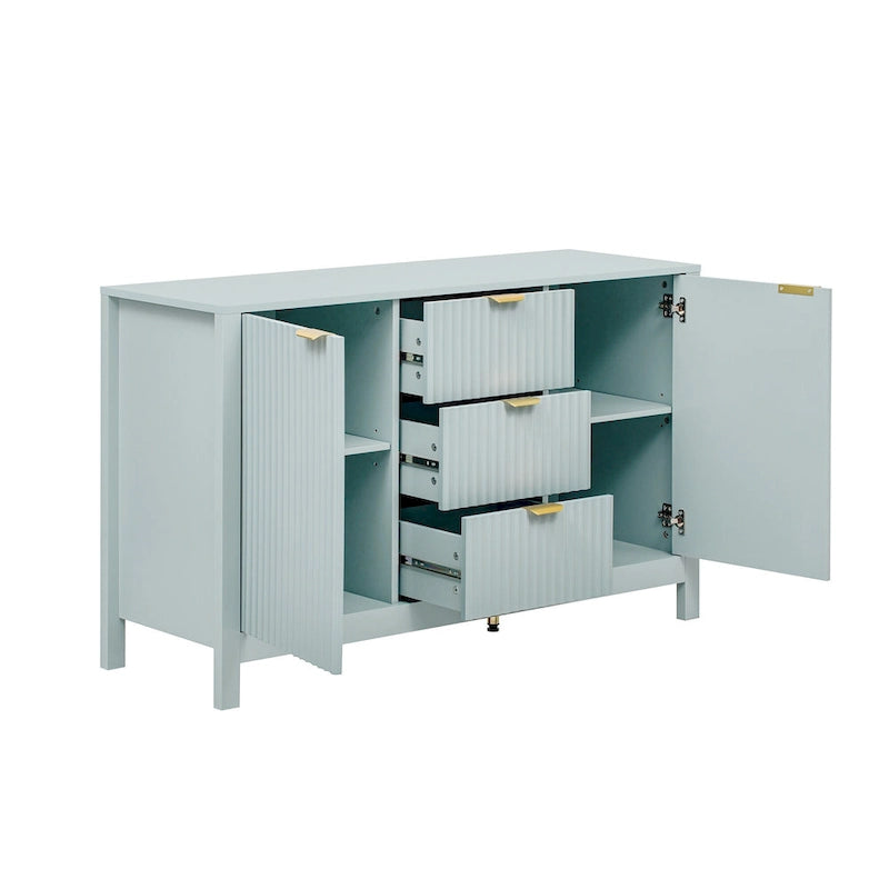 Meuble d'entrée moderne à design ondulé avec 3 étagères réglables, Console de rangement à 2 portes avec 3 tiroirs