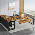 Bureau de direction de 180 cm avec classeur de 140 cm, grand bureau d'ordinateur en L avec armoire de rangement et étagères