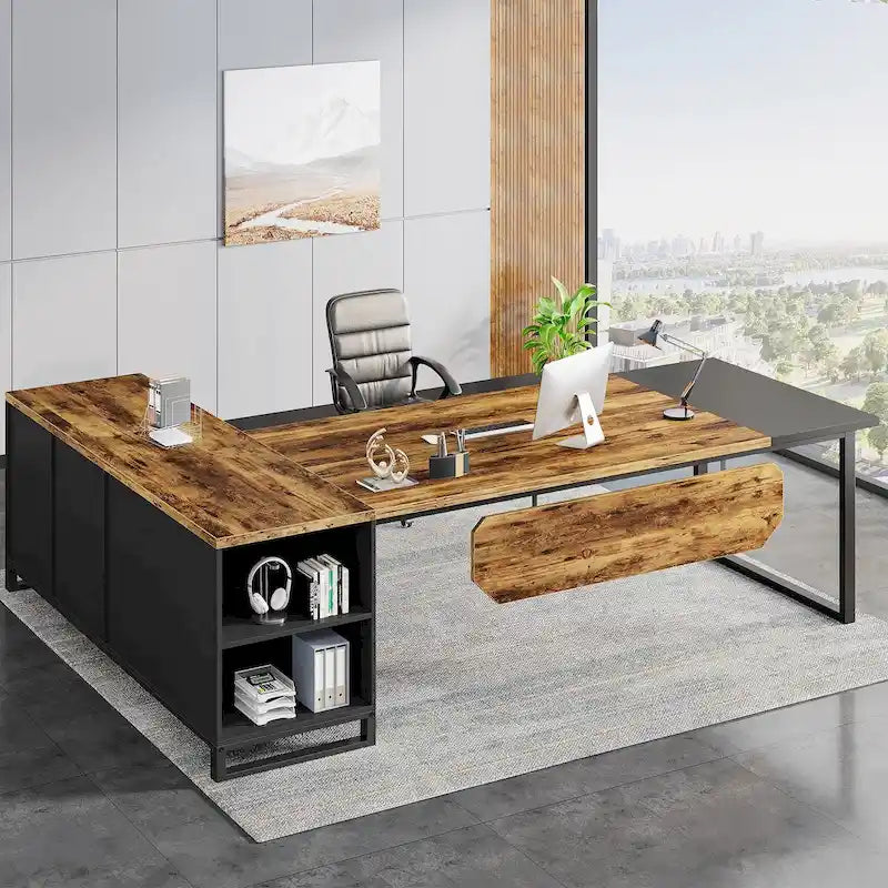 Bureau de direction de 180 cm avec classeur de 140 cm, grand bureau d'ordinateur en L avec armoire de rangement et étagères
