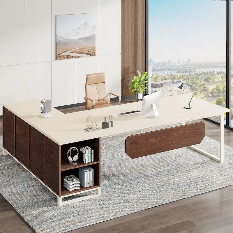 Bureau de direction de 180 cm avec classeur de 140 cm, grand bureau d'ordinateur en L avec armoire de rangement et étagères