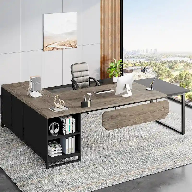 Bureau de direction de 180 cm avec classeur de 140 cm, grand bureau d'ordinateur en L avec armoire de rangement et étagères