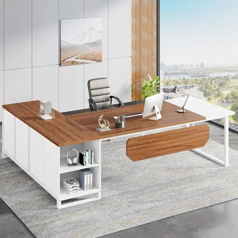 Bureau de direction de 180 cm avec classeur de 140 cm, grand bureau d'ordinateur en L avec armoire de rangement et étagères