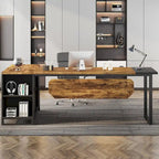 Bureau de direction de 180 cm avec classeur de 140 cm, grand bureau d'ordinateur en L avec armoire de rangement et étagères