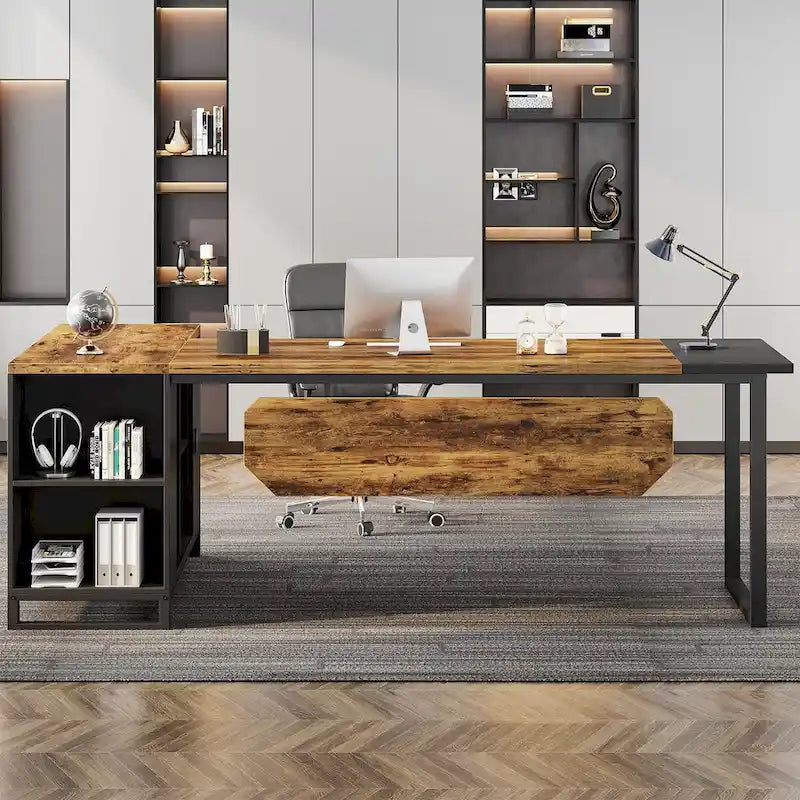 Bureau de direction de 180 cm avec classeur de 140 cm, grand bureau d'ordinateur en L avec armoire de rangement et étagères