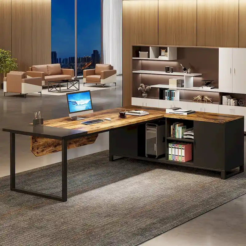 Bureau de direction de 180 cm avec classeur de 140 cm, grand bureau d'ordinateur en L avec armoire de rangement et étagères