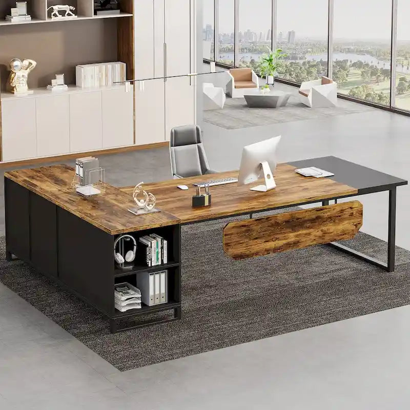 Bureau de direction de 180 cm avec classeur de 140 cm, grand bureau d'ordinateur en L avec armoire de rangement et étagères