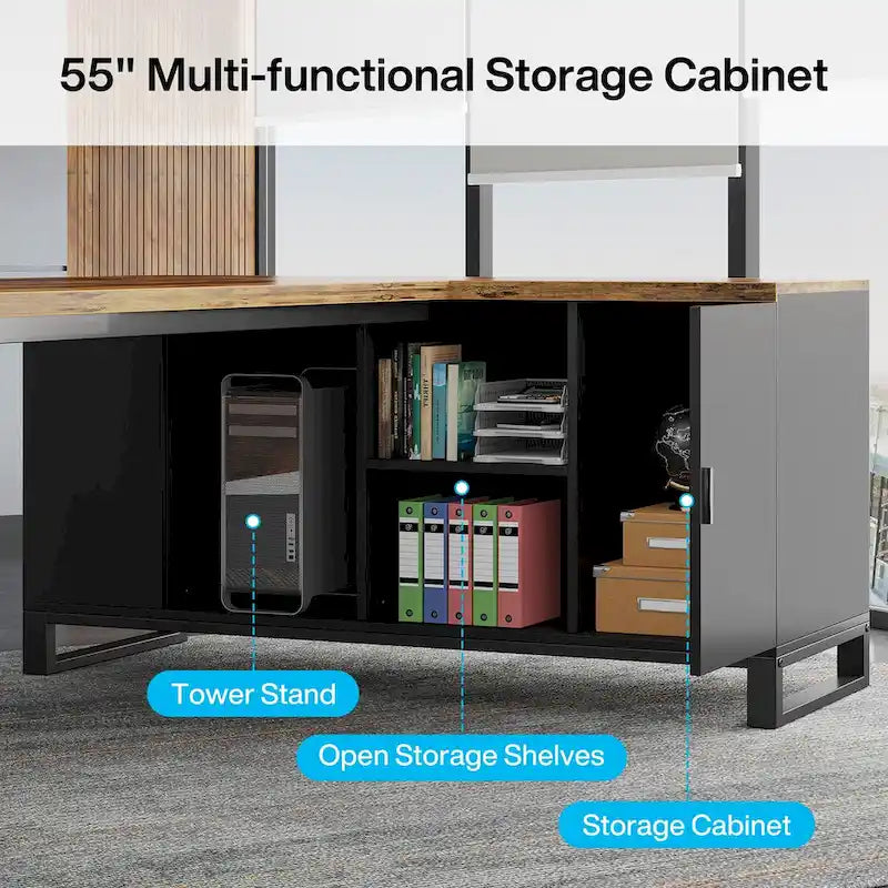 Bureau de direction de 180 cm avec classeur de 140 cm, grand bureau d'ordinateur en L avec armoire de rangement et étagères