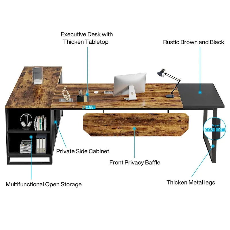 Bureau de direction de 180 cm avec classeur de 140 cm, grand bureau d'ordinateur en L avec armoire de rangement et étagères