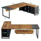 Bureau de direction de 180 cm avec classeur de 140 cm, grand bureau d'ordinateur en L avec armoire de rangement et étagères
