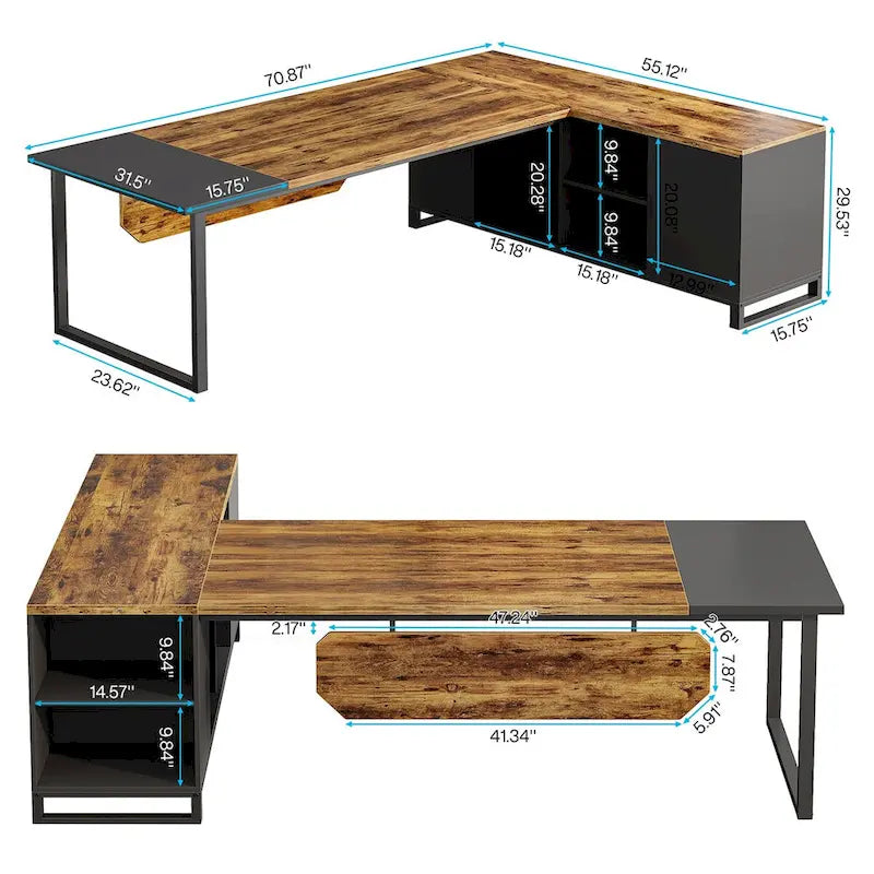 Bureau de direction de 180 cm avec classeur de 140 cm, grand bureau d'ordinateur en L avec armoire de rangement et étagères