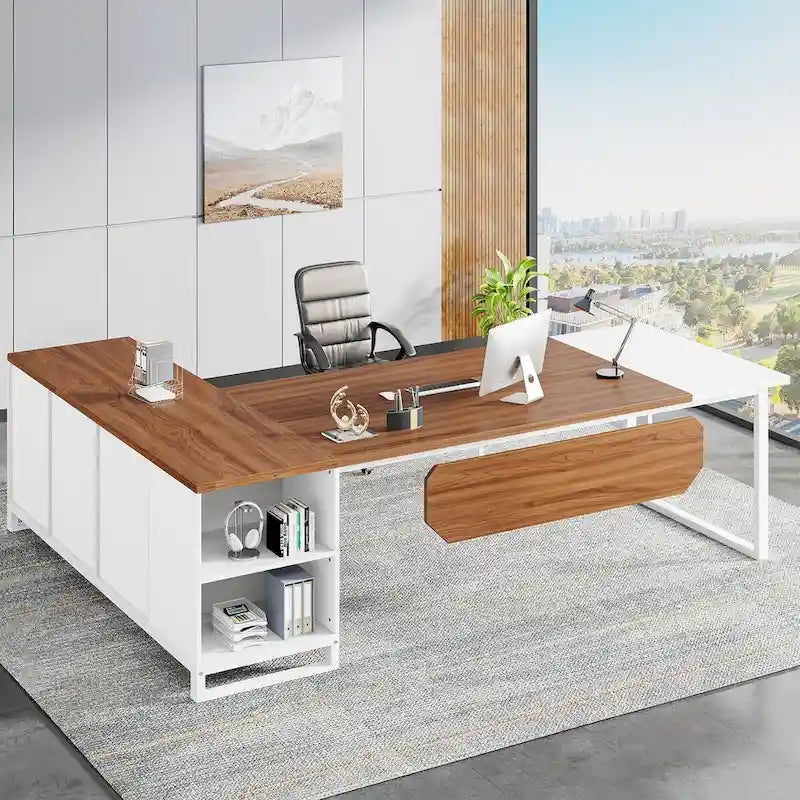 Bureau de direction de 180 cm avec classeur de 140 cm, grand bureau d'ordinateur en L avec armoire de rangement et étagères