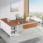 Bureau de direction de 180 cm avec classeur de 140 cm, grand bureau d'ordinateur en L avec armoire de rangement et étagères