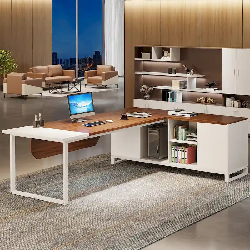 Bureau de direction de 180 cm avec classeur de 140 cm, grand bureau d'ordinateur en L avec armoire de rangement et étagères