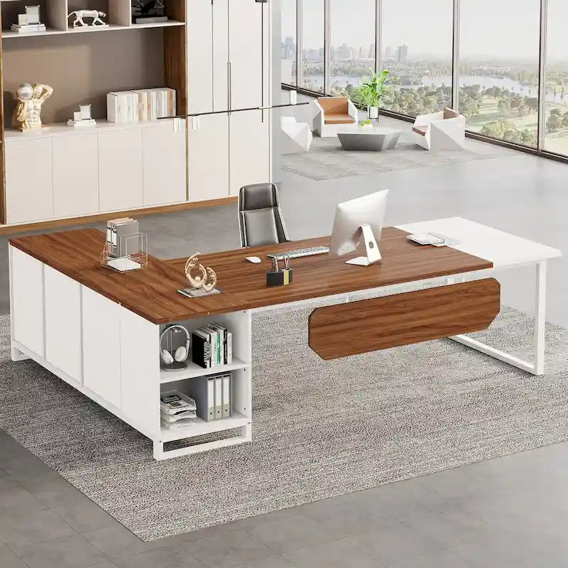 Bureau de direction de 180 cm avec classeur de 140 cm, grand bureau d'ordinateur en L avec armoire de rangement et étagères