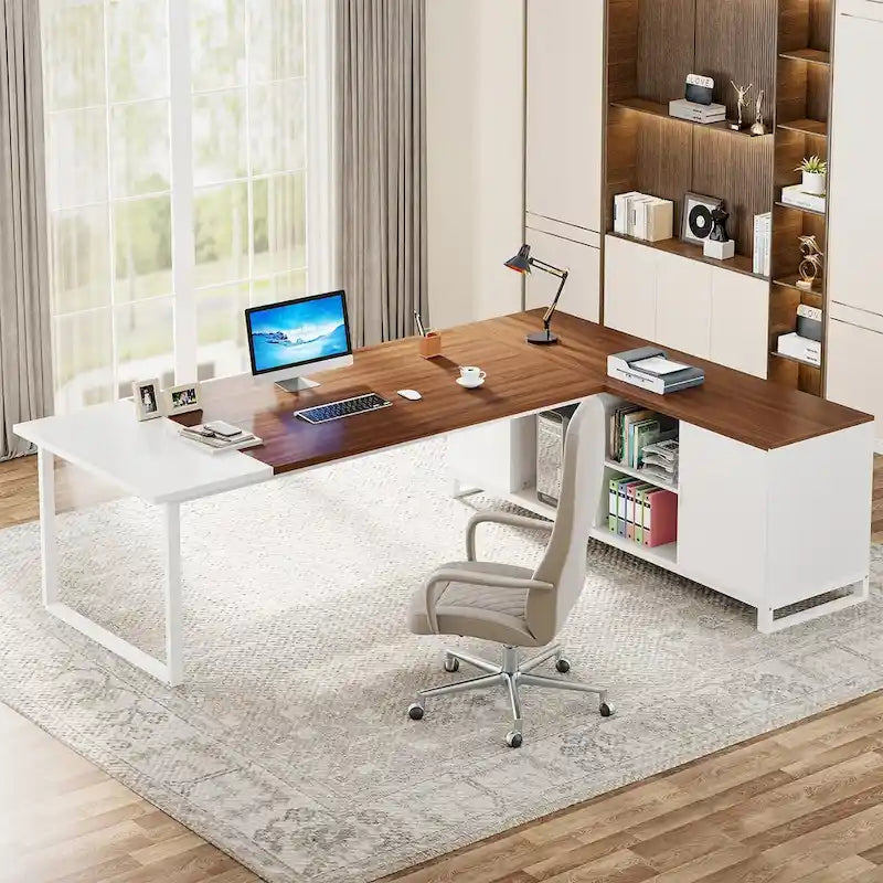Bureau de direction de 180 cm avec classeur de 140 cm, grand bureau d'ordinateur en L avec armoire de rangement et étagères