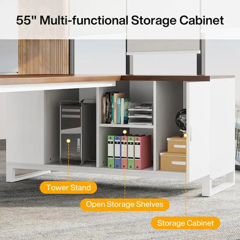 Bureau de direction de 180 cm avec classeur de 140 cm, grand bureau d'ordinateur en L avec armoire de rangement et étagères