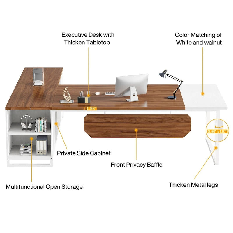 Bureau de direction de 180 cm avec classeur de 140 cm, grand bureau d'ordinateur en L avec armoire de rangement et étagères