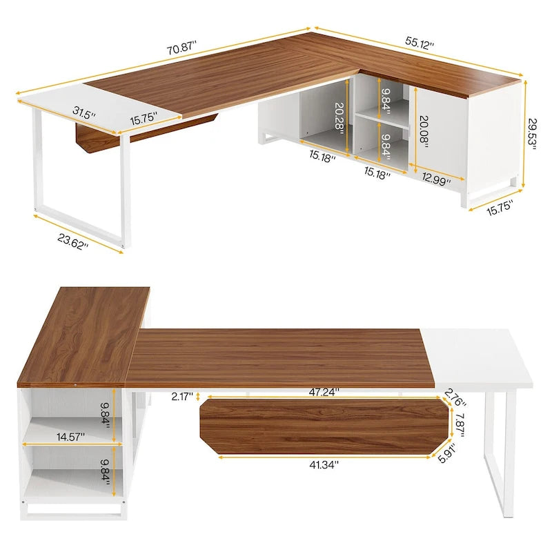 Bureau de direction de 180 cm avec classeur de 140 cm, grand bureau d'ordinateur en L avec armoire de rangement et étagères