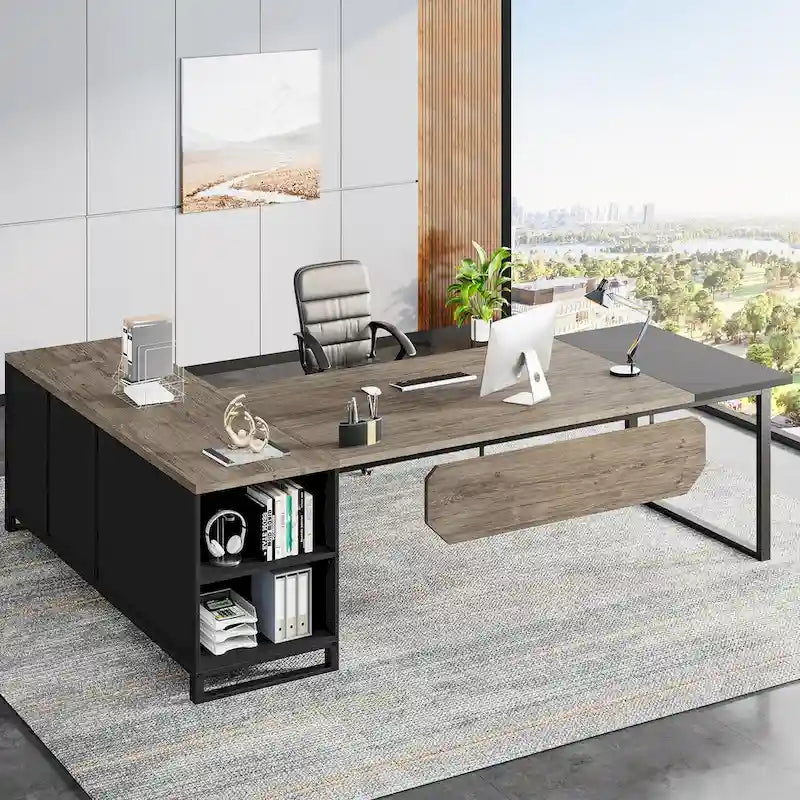 Bureau de direction de 180 cm avec classeur de 140 cm, grand bureau d'ordinateur en L avec armoire de rangement et étagères