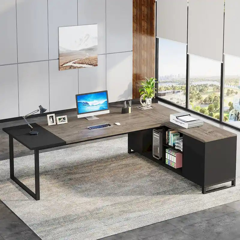 Bureau de direction de 180 cm avec classeur de 140 cm, grand bureau d'ordinateur en L avec armoire de rangement et étagères