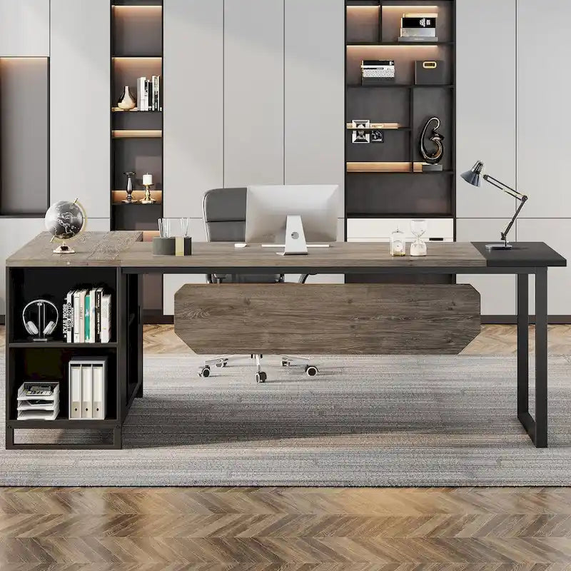 Bureau de direction de 180 cm avec classeur de 140 cm, grand bureau d'ordinateur en L avec armoire de rangement et étagères
