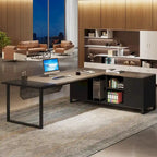 Bureau de direction de 180 cm avec classeur de 140 cm, grand bureau d'ordinateur en L avec armoire de rangement et étagères