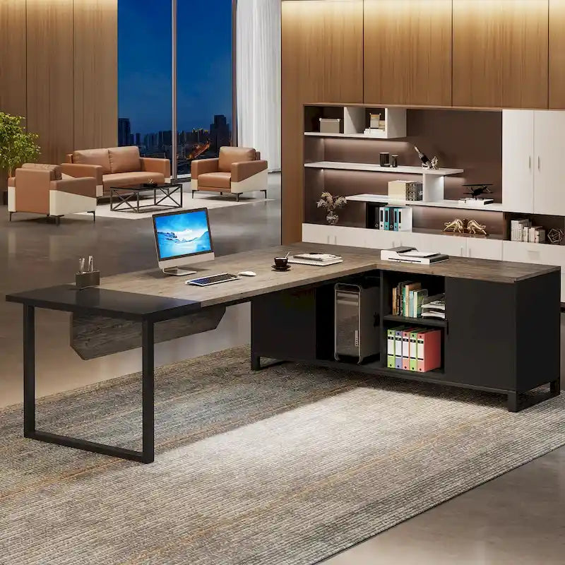Bureau de direction de 180 cm avec classeur de 140 cm, grand bureau d'ordinateur en L avec armoire de rangement et étagères