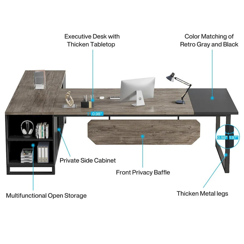 Bureau de direction de 180 cm avec classeur de 140 cm, grand bureau d'ordinateur en L avec armoire de rangement et étagères