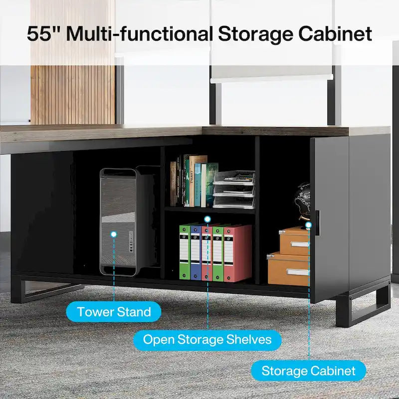 Bureau de direction de 180 cm avec classeur de 140 cm, grand bureau d'ordinateur en L avec armoire de rangement et étagères