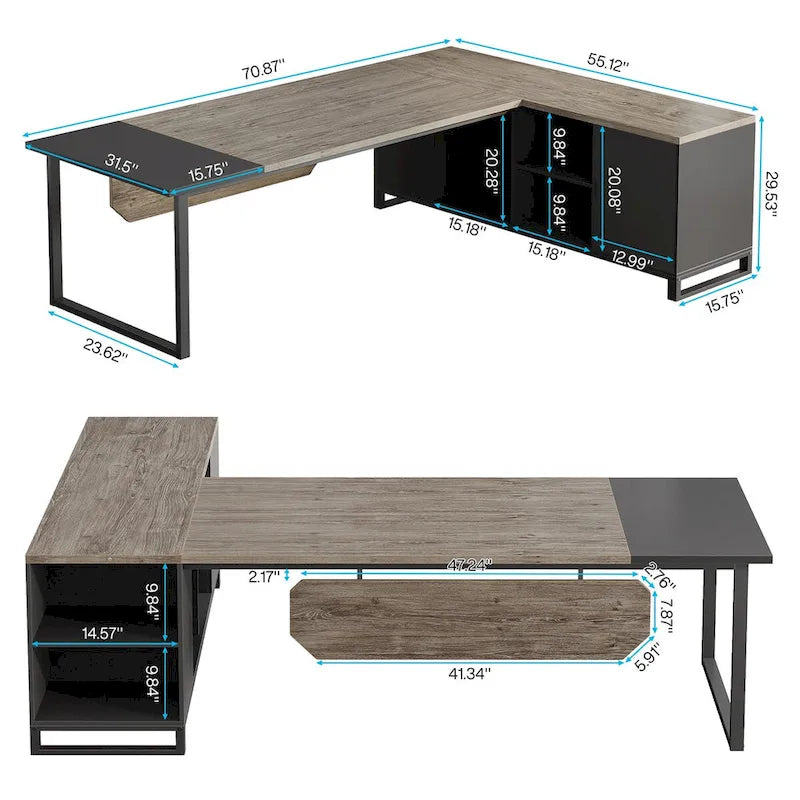 Bureau de direction de 180 cm avec classeur de 140 cm, grand bureau d'ordinateur en L avec armoire de rangement et étagères