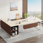 Bureau de direction de 180 cm avec classeur de 140 cm, grand bureau d'ordinateur en L avec armoire de rangement et étagères