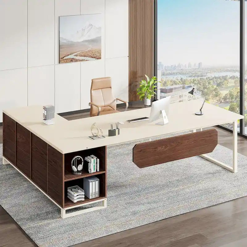 Bureau de direction de 180 cm avec classeur de 140 cm, grand bureau d'ordinateur en L avec armoire de rangement et étagères