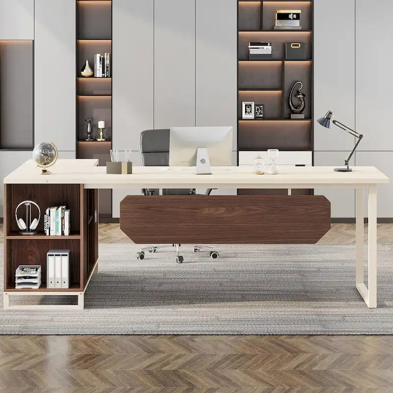 Bureau de direction de 180 cm avec classeur de 140 cm, grand bureau d'ordinateur en L avec armoire de rangement et étagères