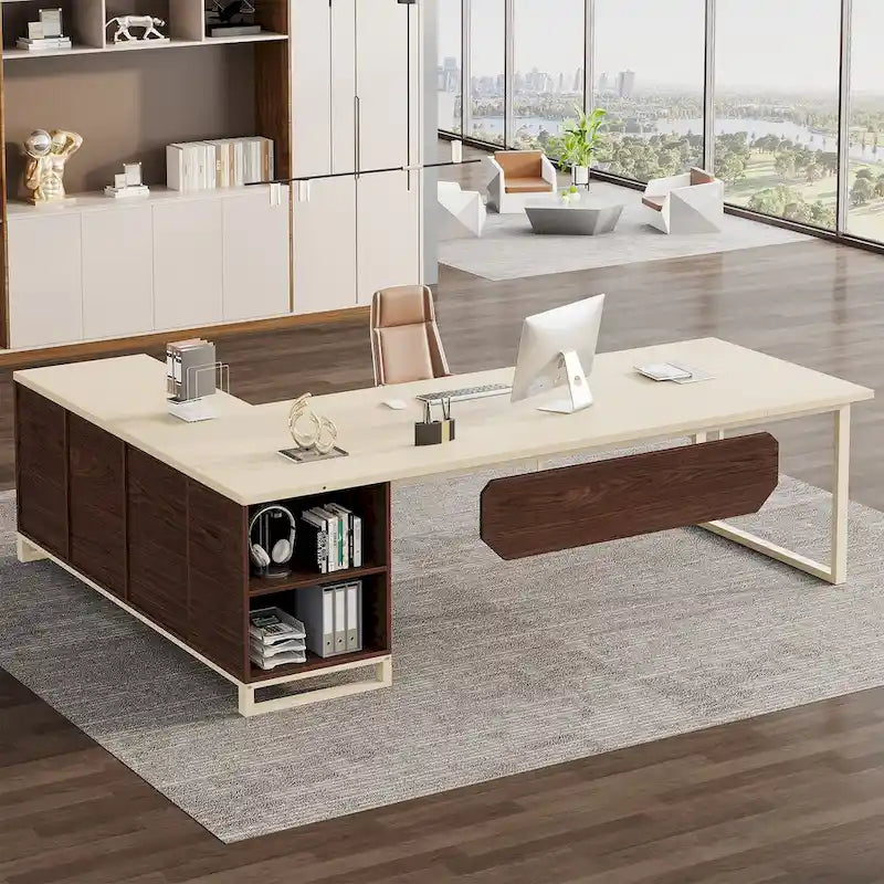 Bureau de direction de 180 cm avec classeur de 140 cm, grand bureau d'ordinateur en L avec armoire de rangement et étagères