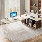 Bureau de direction de 180 cm avec classeur de 140 cm, grand bureau d'ordinateur en L avec armoire de rangement et étagères